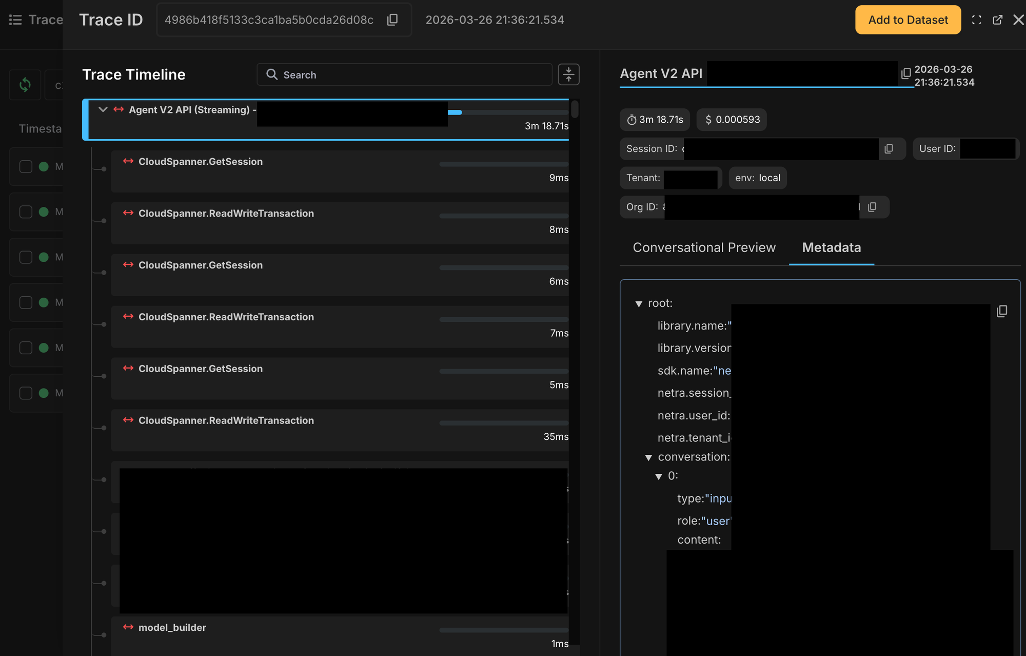  A single Pencil invocation visualized in Netra, showing step-level tracing across the agent execution flow.