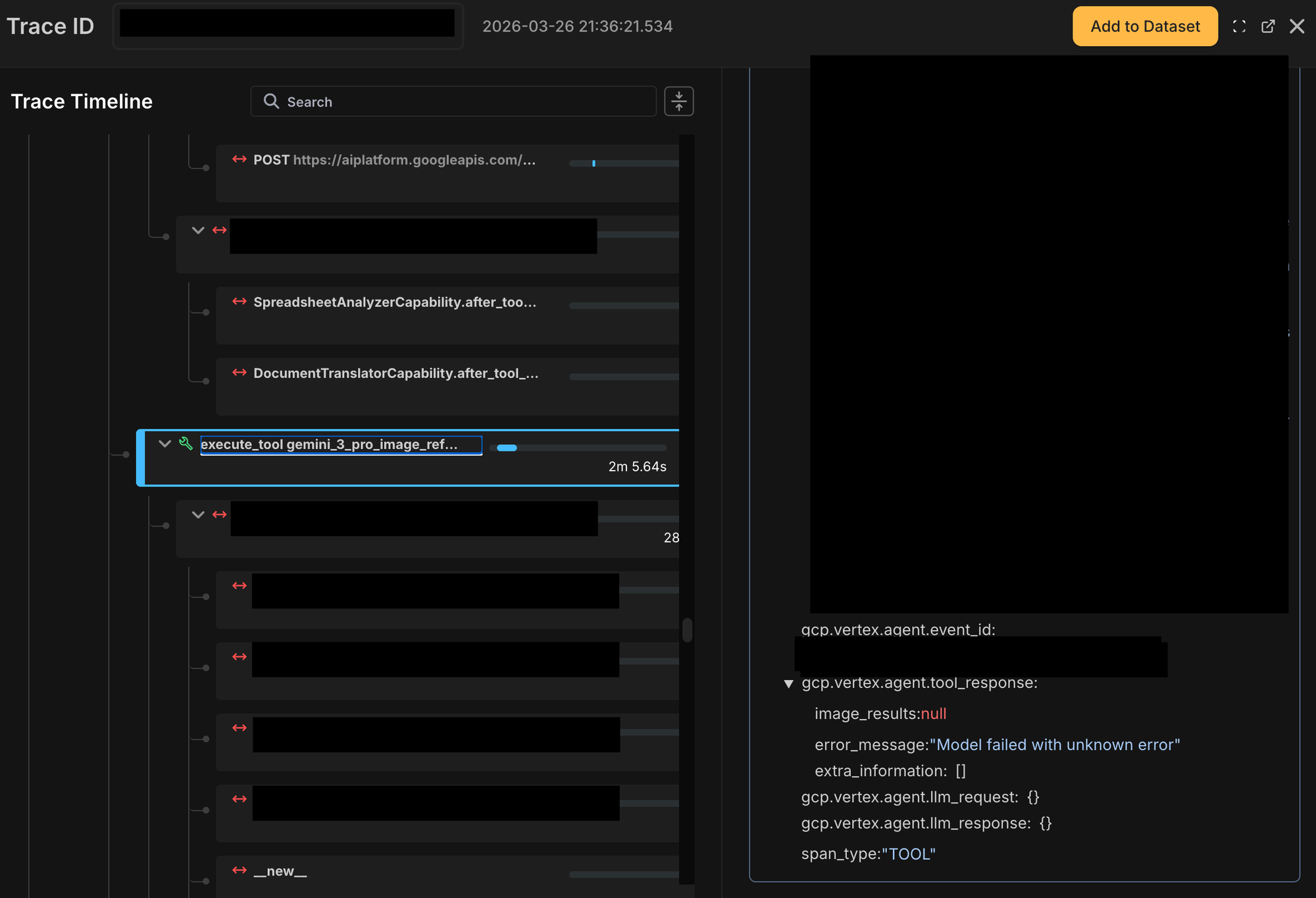  Netra made it easy to identify the exact failing step in the flow: the image-generation tool call within the broader agent execution.