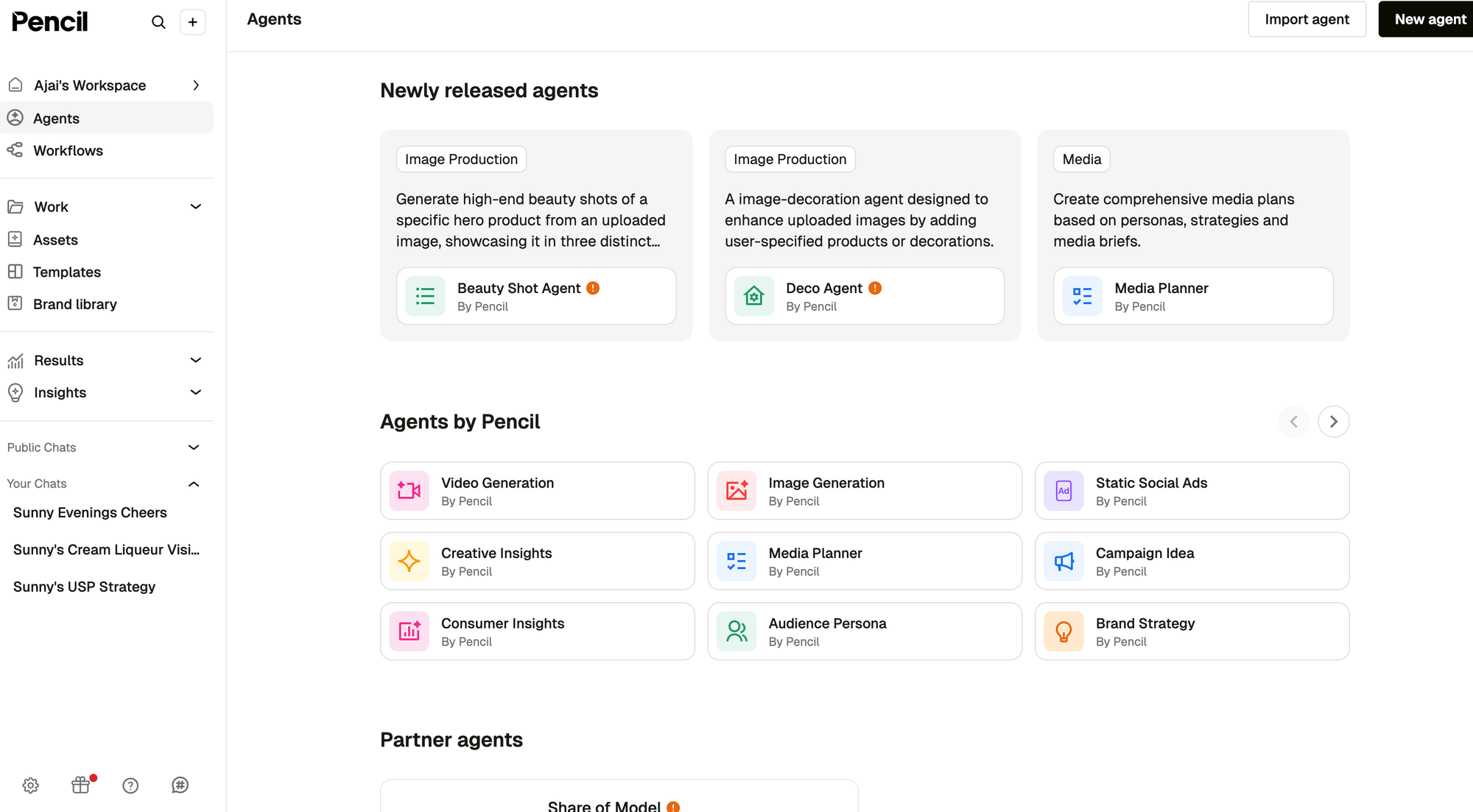 Pencil’s agent marketplace, where teams can use prebuilt agents or create and test their own workflows.